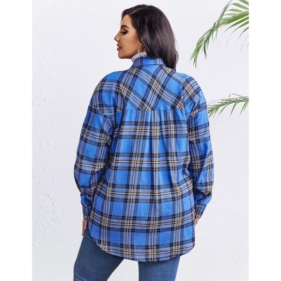 Women Plus Size Flannel Plaid Shirt Long Sleeve Casual Button Down Top - Picture 3 of 3